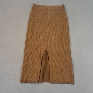 Free People Skyline Midi Skirt Lg Ribbed Knit Slit Front Pull-On Chocolate Brown